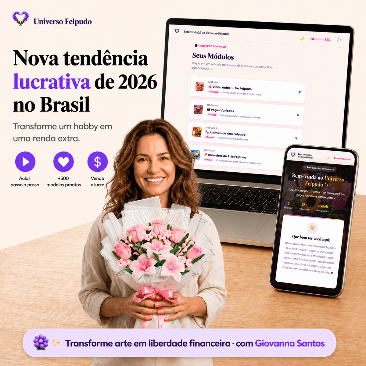 Giovanna Santos segurando buquê de arte felpuda — Nova tendência lucrativa de 2026 no Brasil